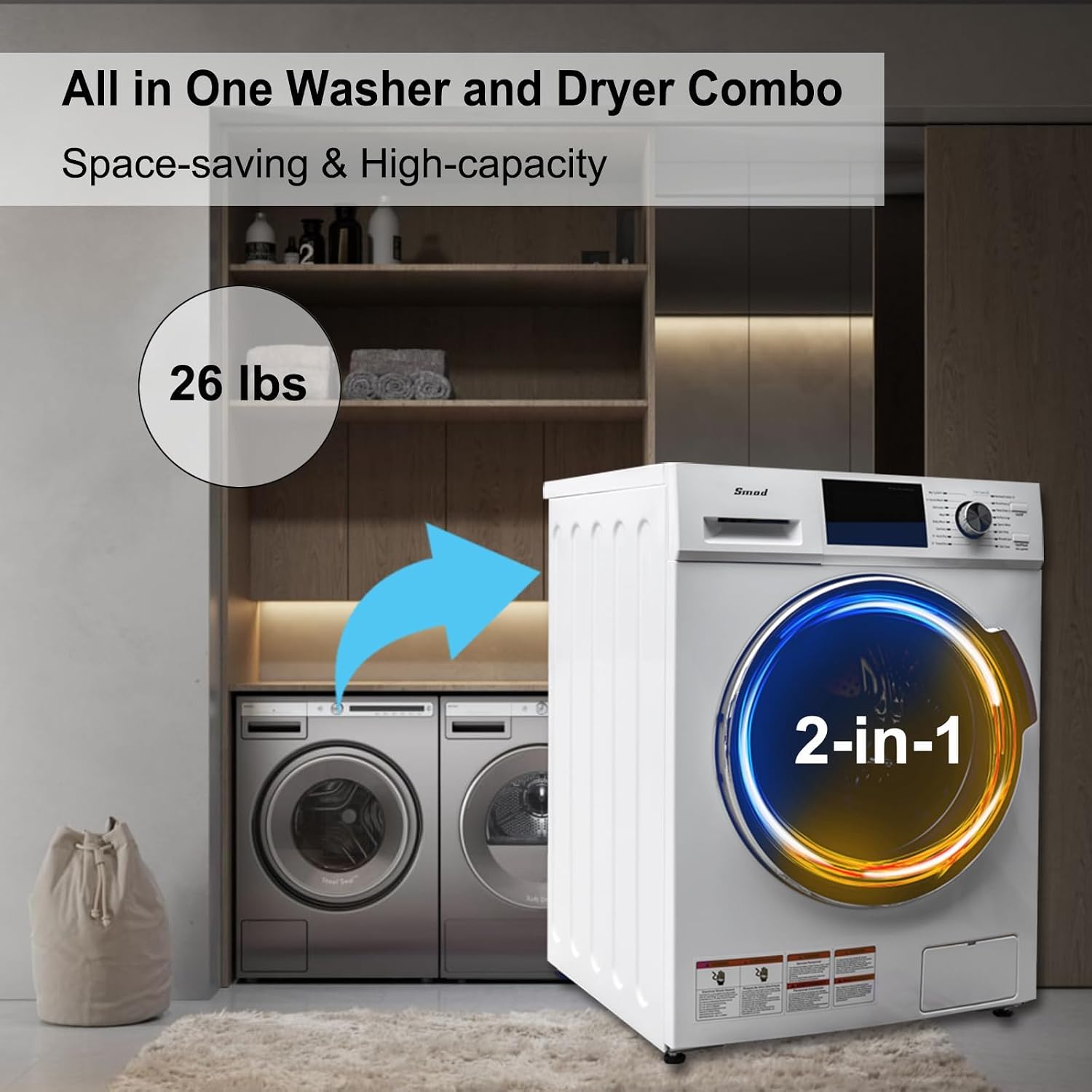 Smad 2-in-1 Washer and Dryer Combo 24', 2.7 Cu. Ft. Front Load All-in-one Washer Dryer Ventless for Apartment, Dorm, RV, 16 Cycles, Compact Space Saver
