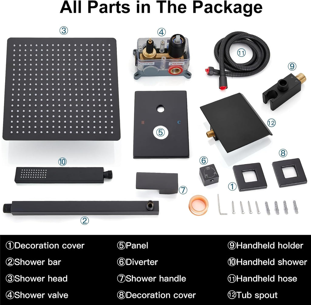 Midanya Shower System with Tub Spout,Bathtub Shower Faucet Set with Square Rainfall Head and Handheld Sprayer Wall Mount Tub Faucet Set with Valve and Trim Kit,16 Inch Matte Black