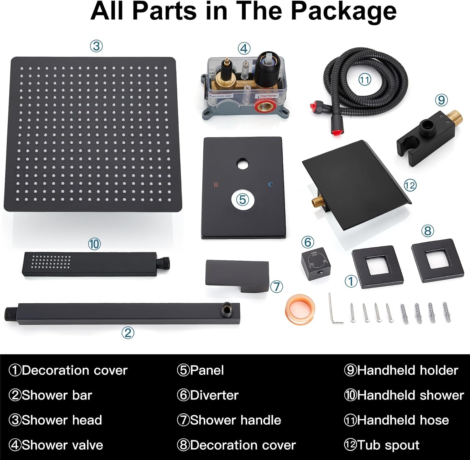 Midanya Shower System with Tub Spout,Bathtub Shower Faucet Set with Square Rainfall Head and Handheld Sprayer Wall Mount Tub Faucet Set with Valve and Trim Kit,16 Inch Matte Black