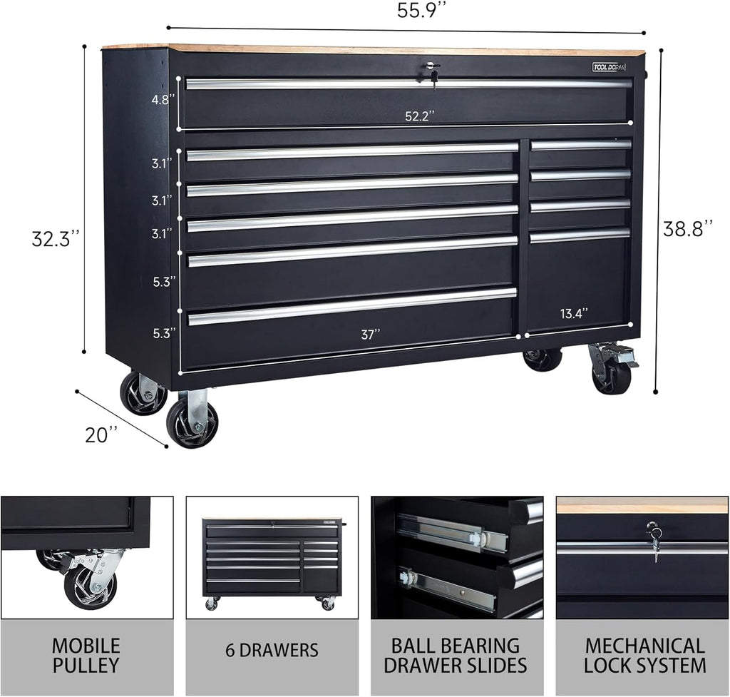 Tool Chest Cabinet, Large Capacity Metal Tool Box with Wheels and Cylinder Locking, Roll Around Storage Organizer Tool Cart for Garage, Redtool cabinets on Wheels (Black, 6-Drawer)