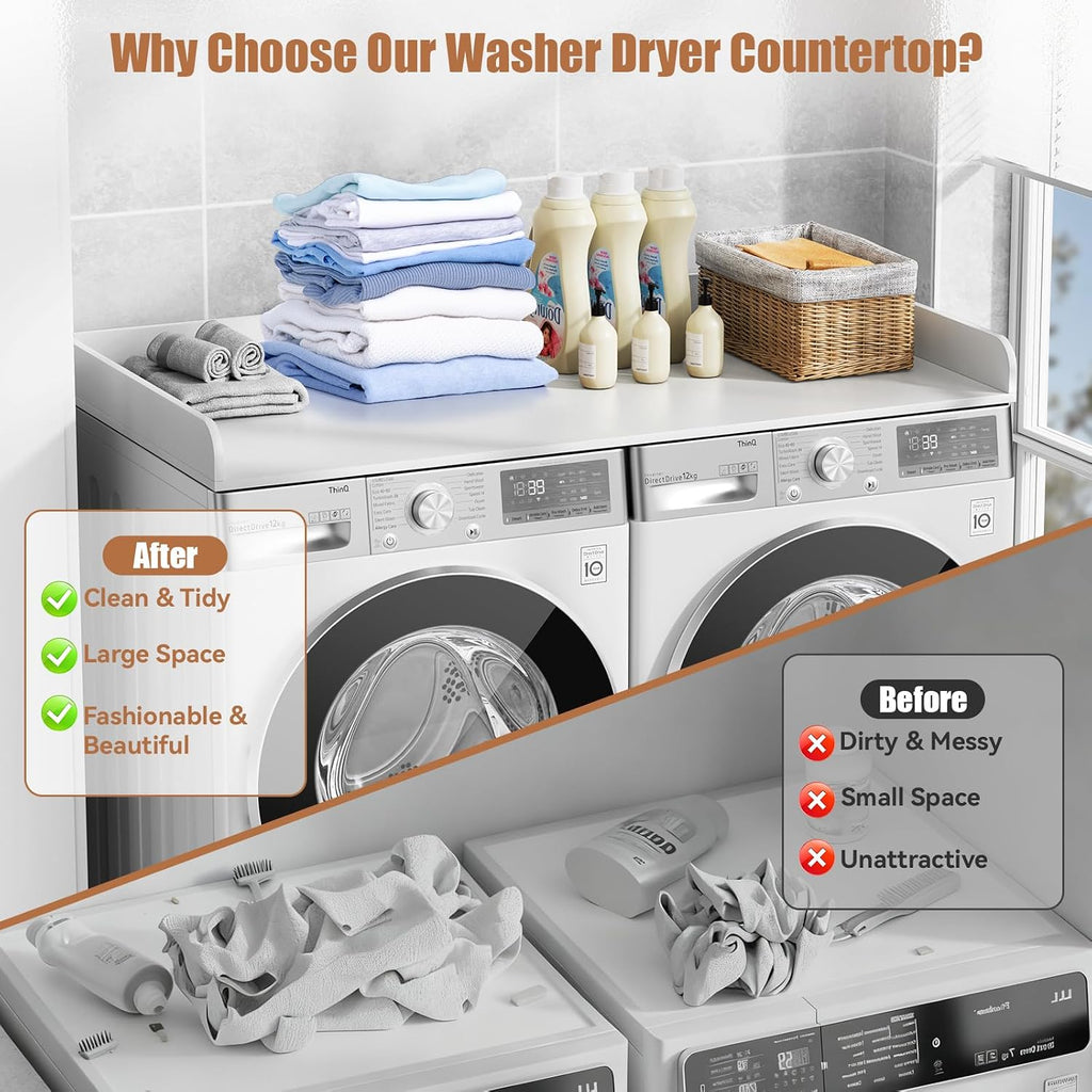 Washer Dryer Countertop, 27.5' D x 54' W Washer and Dryer Topper Covers with Edge Rails, Wood Laundry Room Countertop Shelves for Laundry Room Organization and Storage (White)