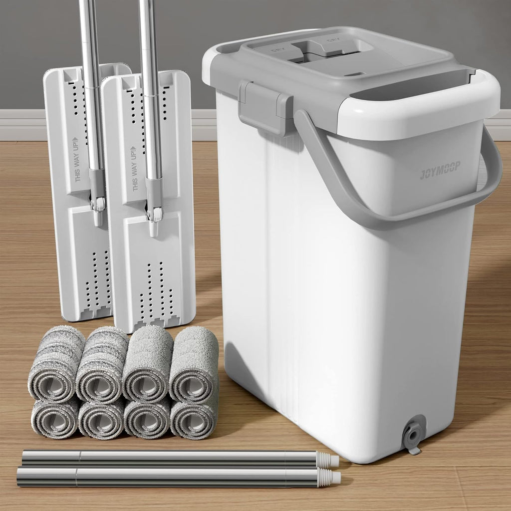 JOYMOOP Mop and Bucket Set for Floor and Wall Cleaning, Commercial and Household Use, Flat Mop System with 60' Dual Mops + 8 Pads