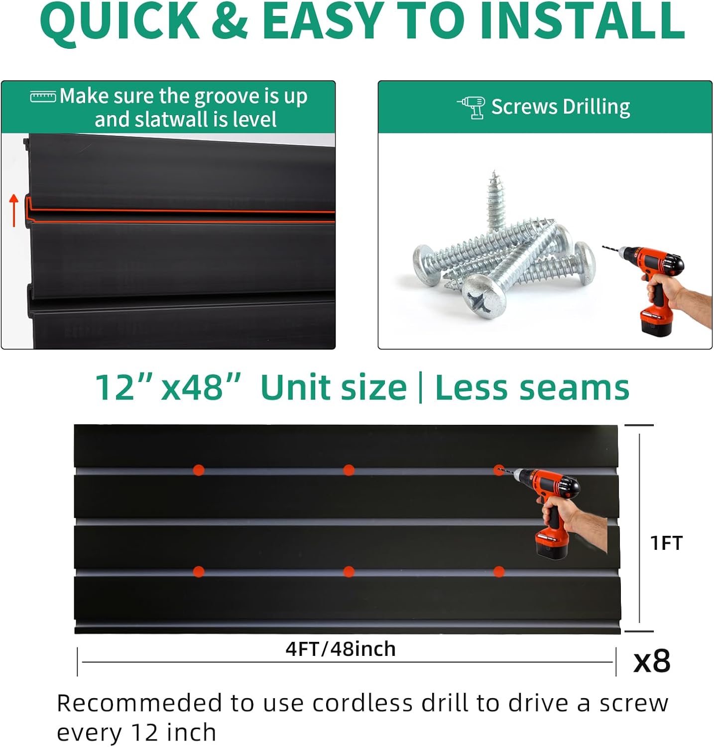 FRAYSCENT Slat Wall Paneling Garage Slat Wall Storage Systems Slatwall Panels Power Tool Organizer Wall Mount, PVC Garage Storage & Organization Products Slate Board (Black, 4ft x 8ft with 26 Hooks)