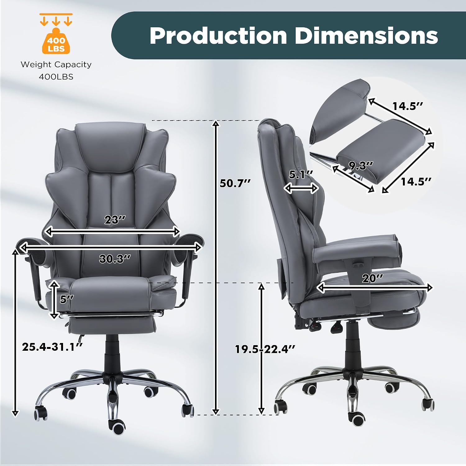 HOMREST Grey Ergonomic Office Chair with 6-Point Vibration Massage & Heat – Reclining Executive Chair with Adjustable Footrest and Armrests, PU Leather Big and Tall Home Office Desk Chair