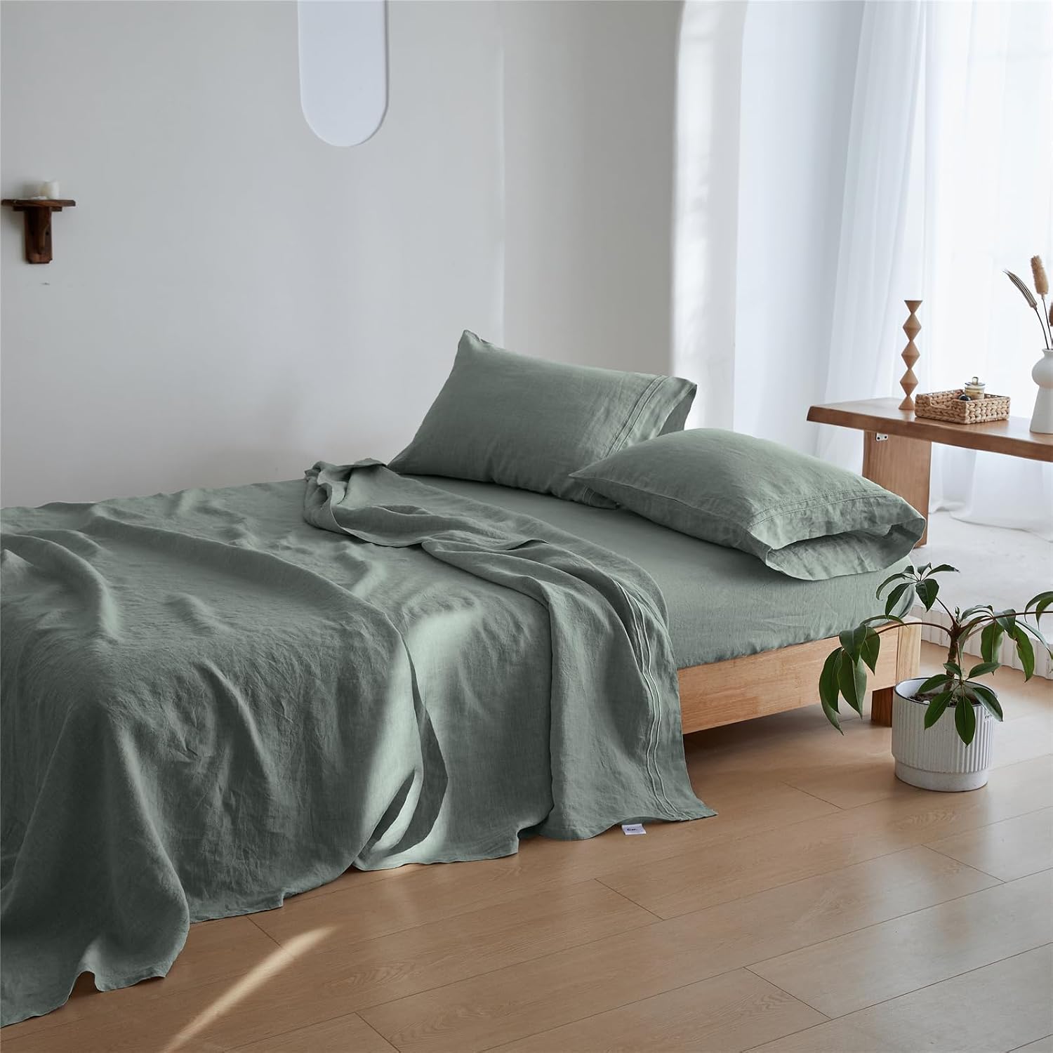 Simple&Opulence 100% Linen Sheet Set 4 Pieces Natural France Flax Bed Sheet (1 Flat Sheet, 1 Fitted Sheet, 2 Pillowcases) Breathable Luxury Hotel Bedding - Embroidery Cushing Green, King Size