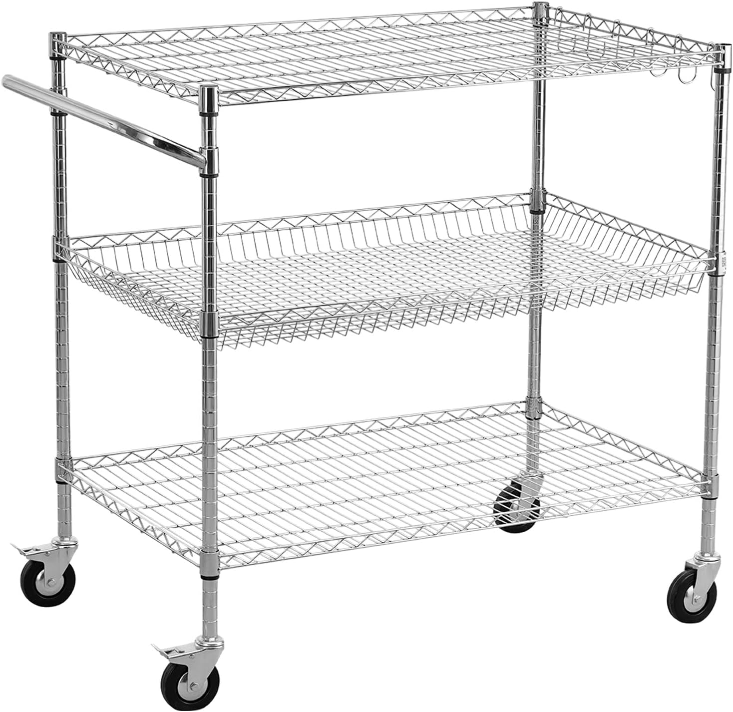 VEVOR Kitchen Utility Cart, 3 Tier Heavy Duty Adjustable Wire Storage Rack, Commercial Steel Rolling Service Trolley on Wheels, Work Table with Handle Bar, for Garage and Laundry Room, 40x25x40.9 in