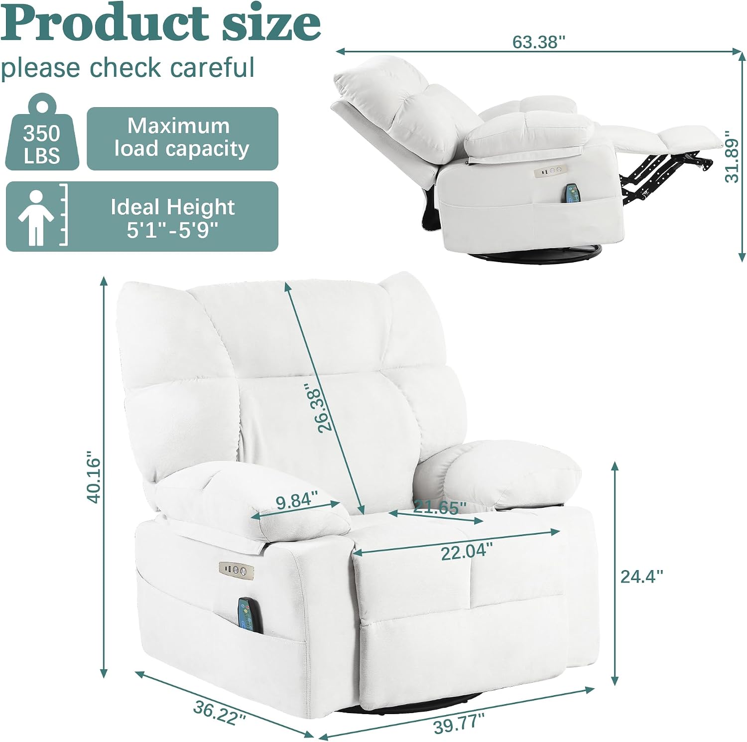 Power Swivel Rocker Recliner Chair Oversized for Adults, Electric Heated & Massage Chair Recliner with USB/Type-C, Fabric Nursery Recliner for Living Room,Bedroom, White