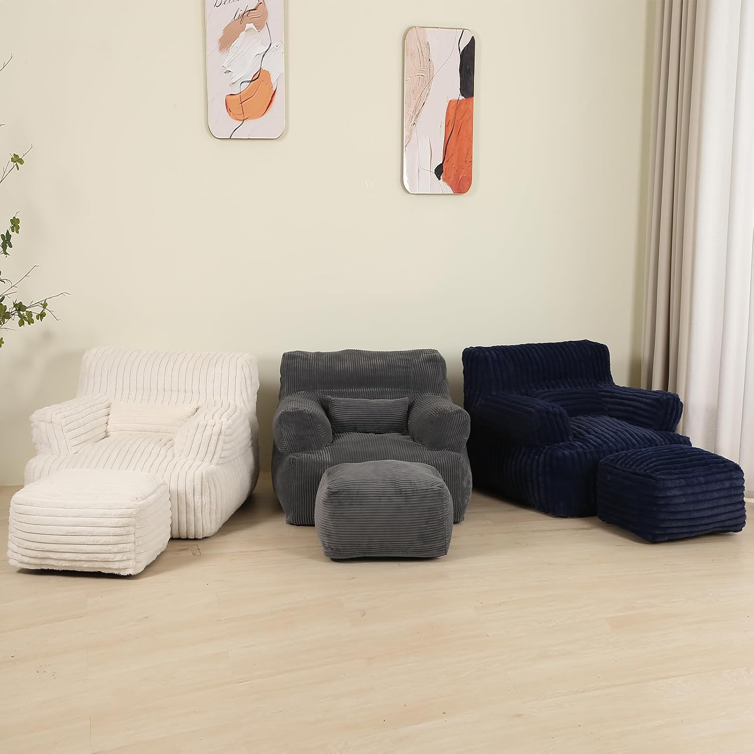 MOMCAYWEX Comfy Gaint Bean Bag Chair with Ottoman, Fluffy Huge Bean Bag Armchair for Adults and Teens, Cream