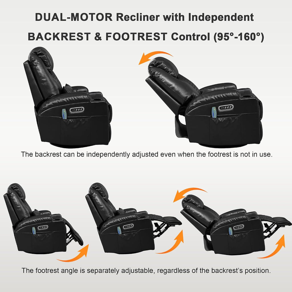 Dual Motor Power Swivel Rocker Recliner Chair for Adults with Heat and Massage,Electric Wall Hugger Glider Rocking Recliner for Nursery Living Room with LED Lights,USB A&C Ports(Black, Set of 2)