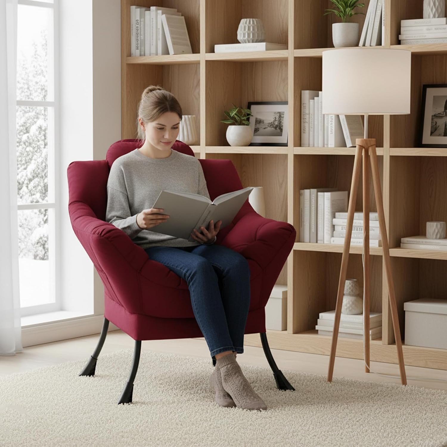 Welnow Lazy Chair for Living Room, Modern Reading Accent Chair with Armrests and a Side Pocket, Leisure Upholstered Lazy Sofa for Small Space, Bedroom, Dorm, Burgundy