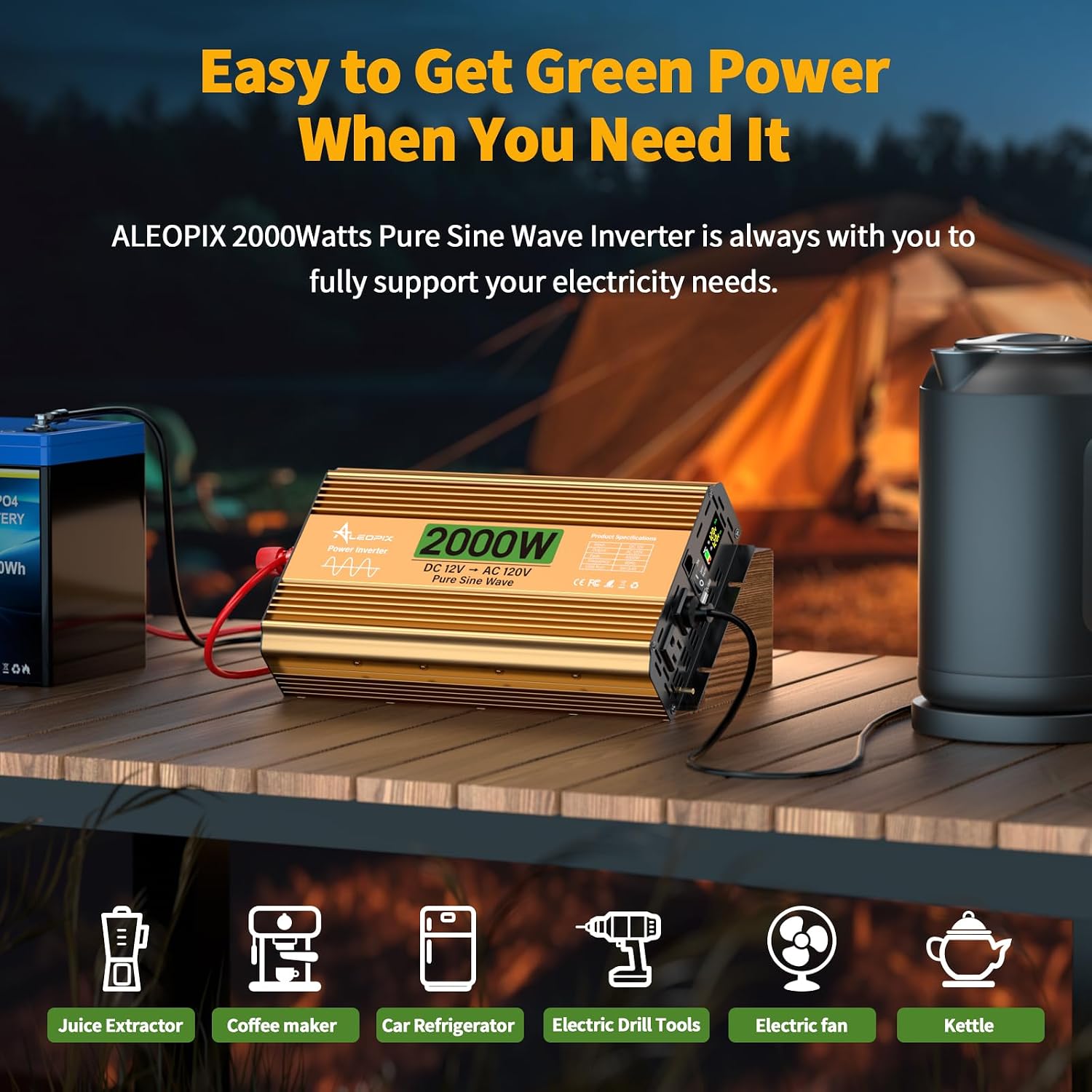2000 Watt Inverter 12V DC to 110V/120V AC, Pure Sine Wave Inverter for Truck/RV/Home/Solar/Off-Grid, Surge 4000W Pure Sine Power with 2 AC Sockets, 5V 3.4A USB, Digital Display, Remote Controller