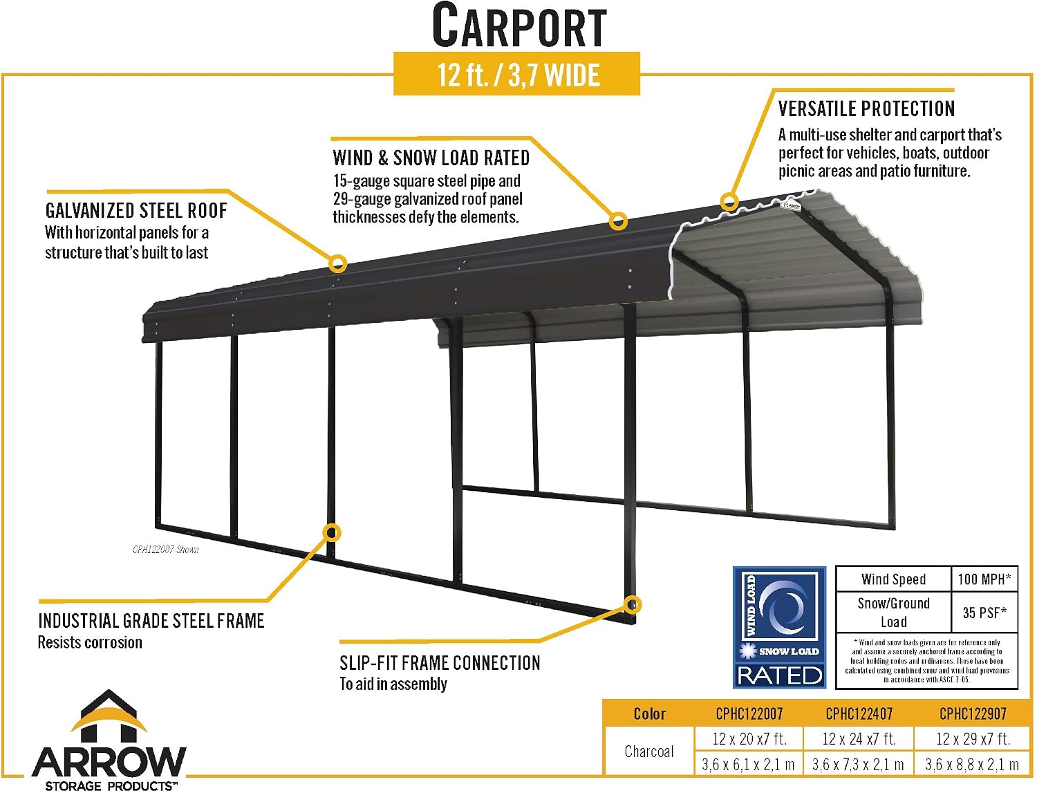 Arrow Shed 12 x 20 x 7-Foot Heavy Duty Galvanized Steel Metal Multi-Use Shelter, Shade, Carport, 12' x 20' x 7', Charcoal color