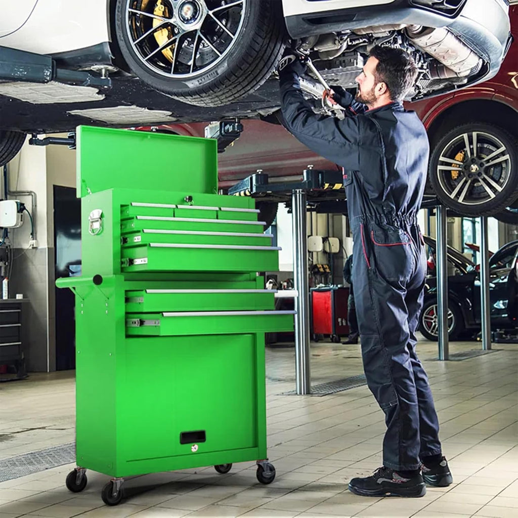 8 Drawers Rolling Tool Chest, 2-in-1 Detachable Metal Tool Storage Cabinet with Wheels, Lockable Tool Cart with Hooks for Garage, Workshop or Salon Use, Green