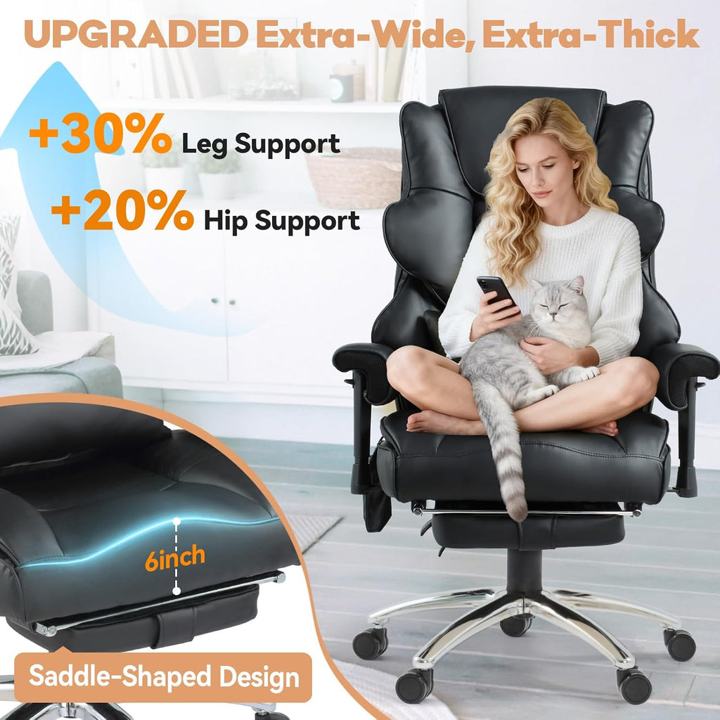 Massage Office Chair with Foot Rest, Ergonomic Executive Heated Office Chair with Reclining Backrest, Adjustable Arms and Lumbar Support, High Back Leather Desk Chairs for Home Office, Black