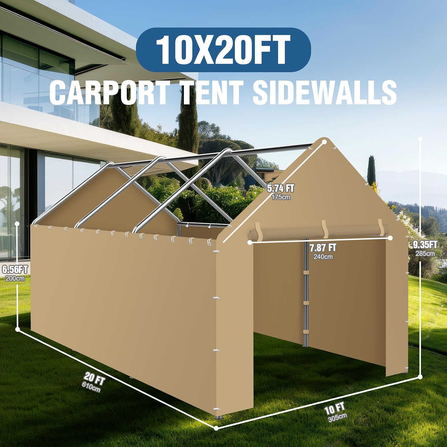 Carport Canopy Sidewalls for 10'x20'x9.35' Carport with Ball Bungee Cords, Replacement Covers Canopy Walls for Car Tent Garage(Sidewalls Only) (Khaki)