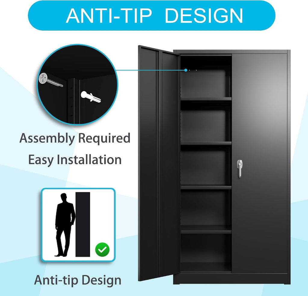 Metal Storage Cabinet 71' Black Garage Tool Cabinet with Doors and Shelves,Heavy Duty Tall Steel File Cabinet with Lock for Home Office Kitchen Gym School