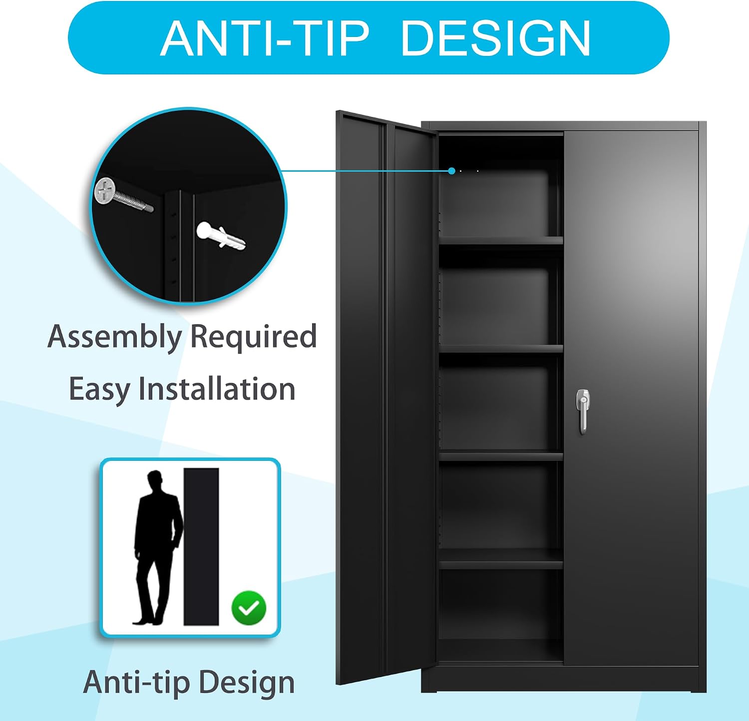 Metal Storage Cabinet 71' Black Garage Tool Cabinet with Doors and Shelves,Heavy Duty Tall Steel File Cabinet with Lock for Home Office Kitchen Gym School