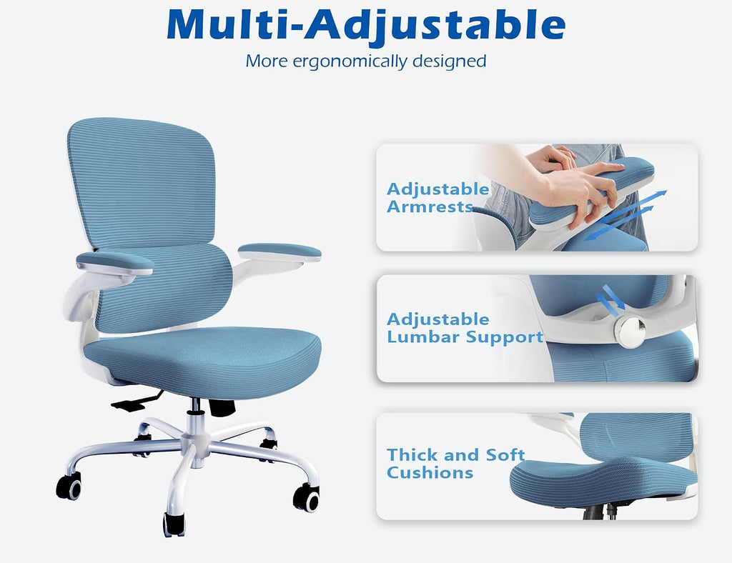 TRALT Ergonomic Office Chair - Desk Chair with Adjustable Lumbar Support Computer Chair - Mesh Comfy Chair with Flip-up Armrests - Gaming Chairs for Adults Home Office (PU Leather, Sky Blue)