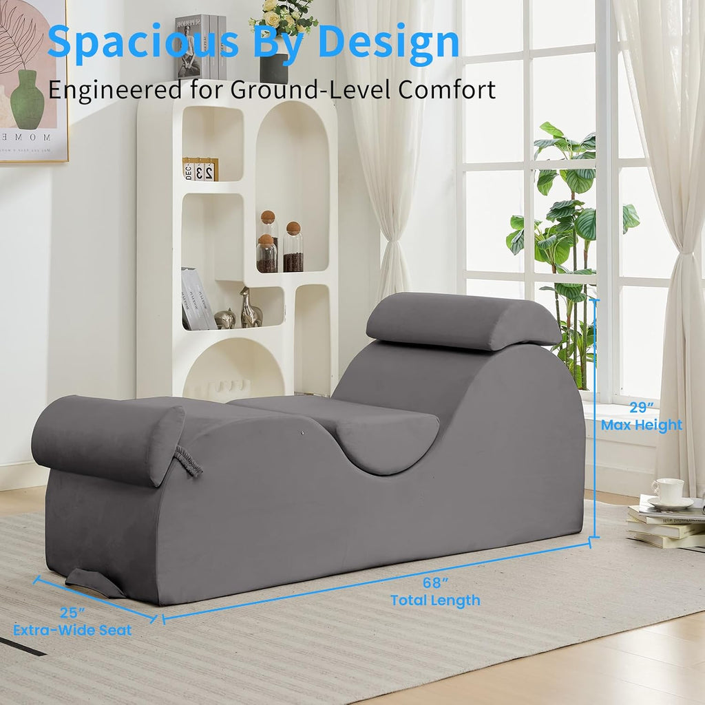 ijuicy 25 Inch Yoga Stretching Chair, Soft Velvet Household Workout Training Chair, Indoor Leisure Lounge Chair with Headrest and Movable Footrest for Body Stretching & Daily Relaxation, Light Grey