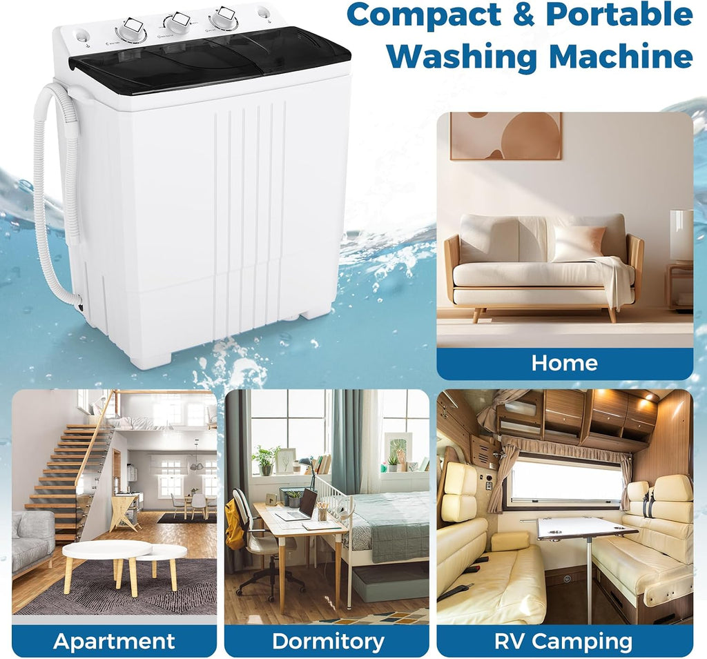 COSTWAY Portable Washing Machine, Twin Tub 20 Lbs Capacity with Drain Pump, Laundry Washer 12 Lbs and Spinner 8 Lbs with Timer Control, Perfect for Apartment Dorm RV, Black+White