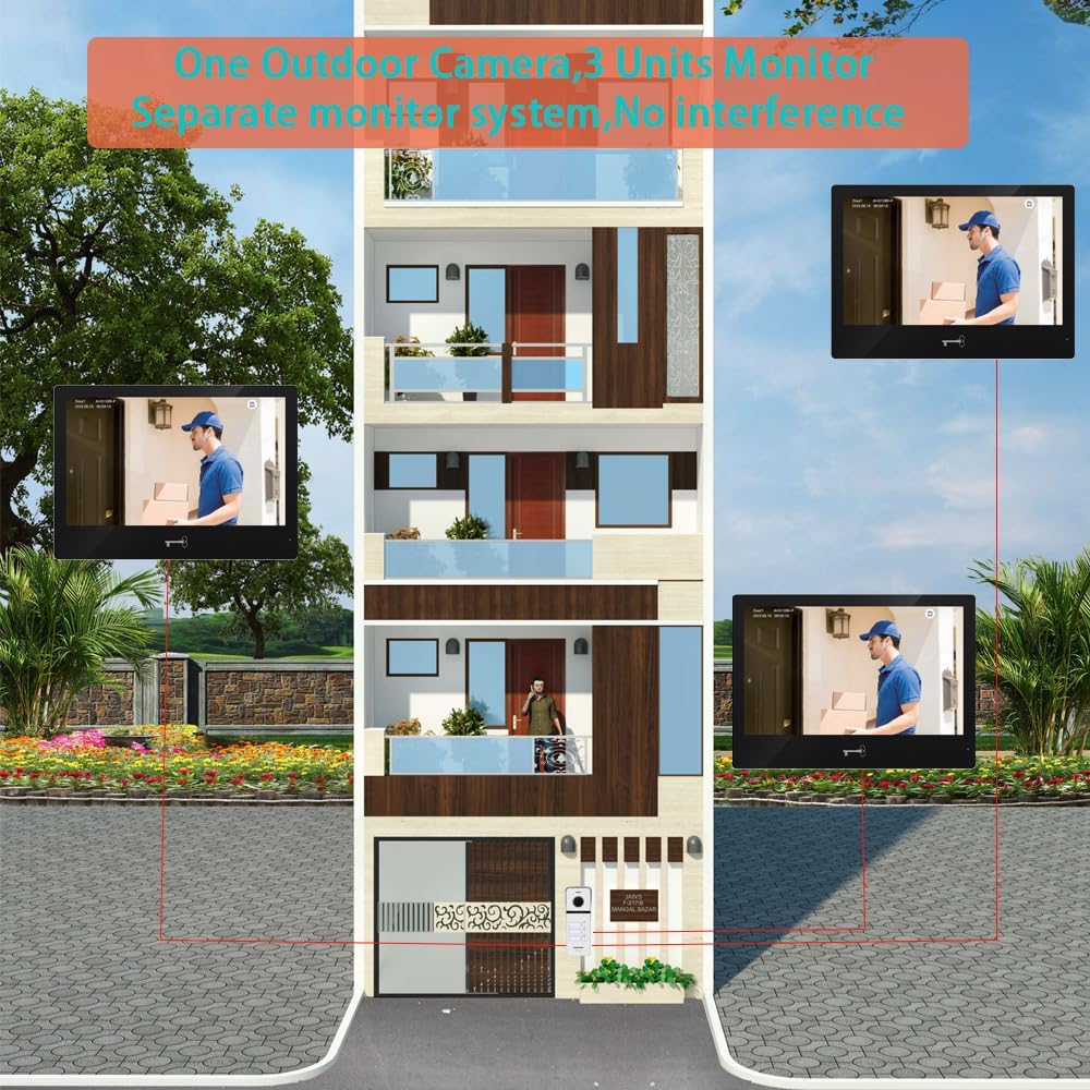 Wired Video Doorbell Apartment Intercom System 3 Units 10 Inches Touch Monitor Wireless WiFi 1080P Camera Phone Kit,Support Monitoring,Unlock for Home Villa (1 White doorbell+3 Black Monitor)