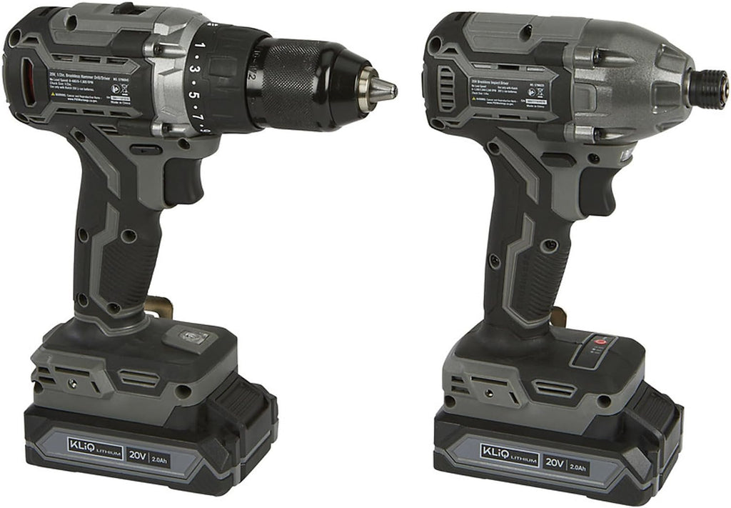 Klutch Drill/Driver and Impact Driver Kit, KLiQ 20 Volt Brushless, 1/2in. and 1/4in.