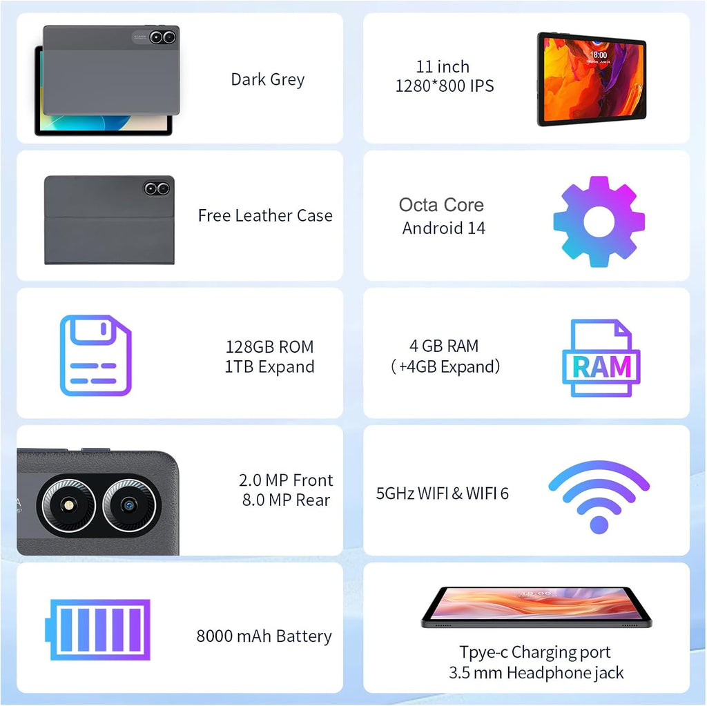PRITOM 11'' Tablet, TAB15 Tablet Android 14, Octa-Core, 128 GB, FHD IPS Display, 5GHz WiFi6, 8000mAh Long Battery Life, Bluetooth, Double Box Speakers, Solid Gray, with Leather Case