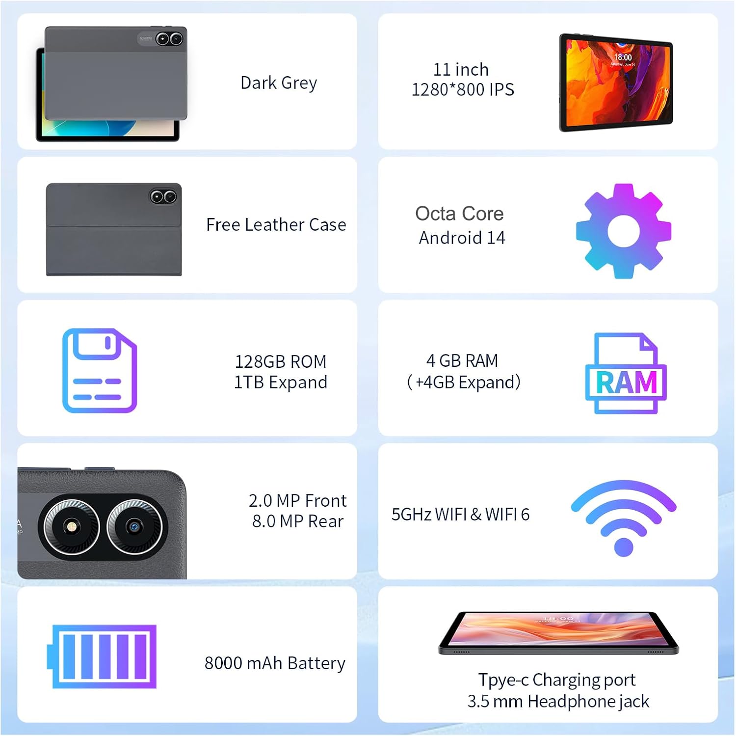 PRITOM 11'' Tablet, TAB15 Tablet Android 14, Octa-Core, 128 GB, FHD IPS Display, 5GHz WiFi6, 8000mAh Long Battery Life, Bluetooth, Double Box Speakers, Solid Gray, with Leather Case