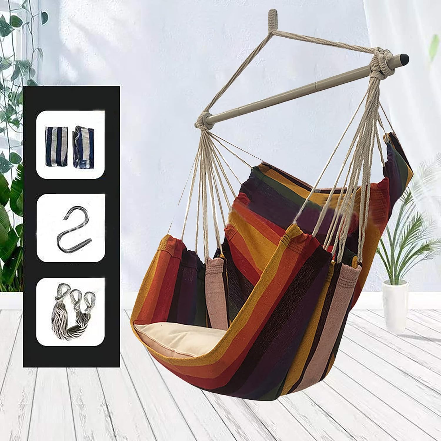 SRHWBF Hanging Rope Hammock with 2 Pillows Chair Swing Seat Cotton Canvas Hanging Chairs for Bedrooms Porch Chair Outdoor (S6)