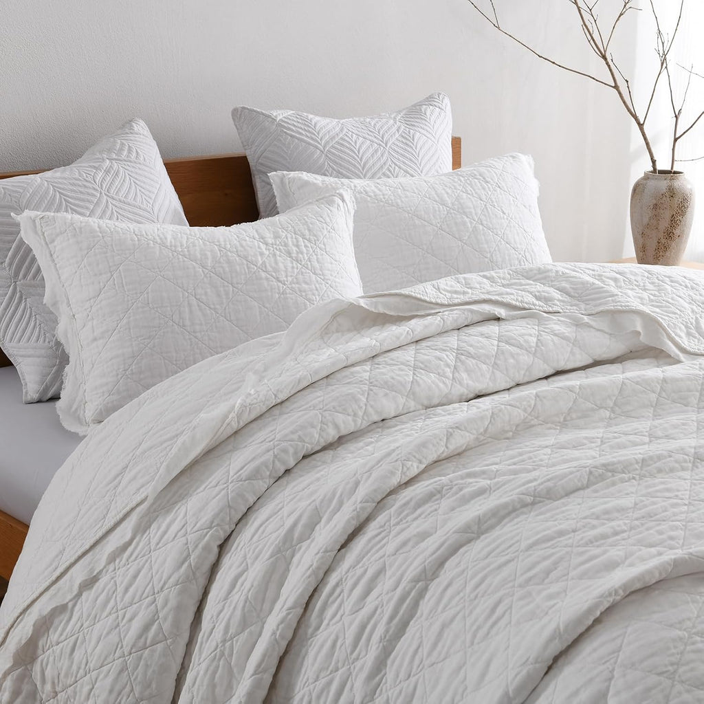 HORIMOTE HOME 100% Linen Front/100% Cotton Back Quilt Set King Size, White Pre-Washed European Flax Linen Quilt, Diamond Stitch Bedspread Coverlet Bedding Set 3-Piece for All Seasons