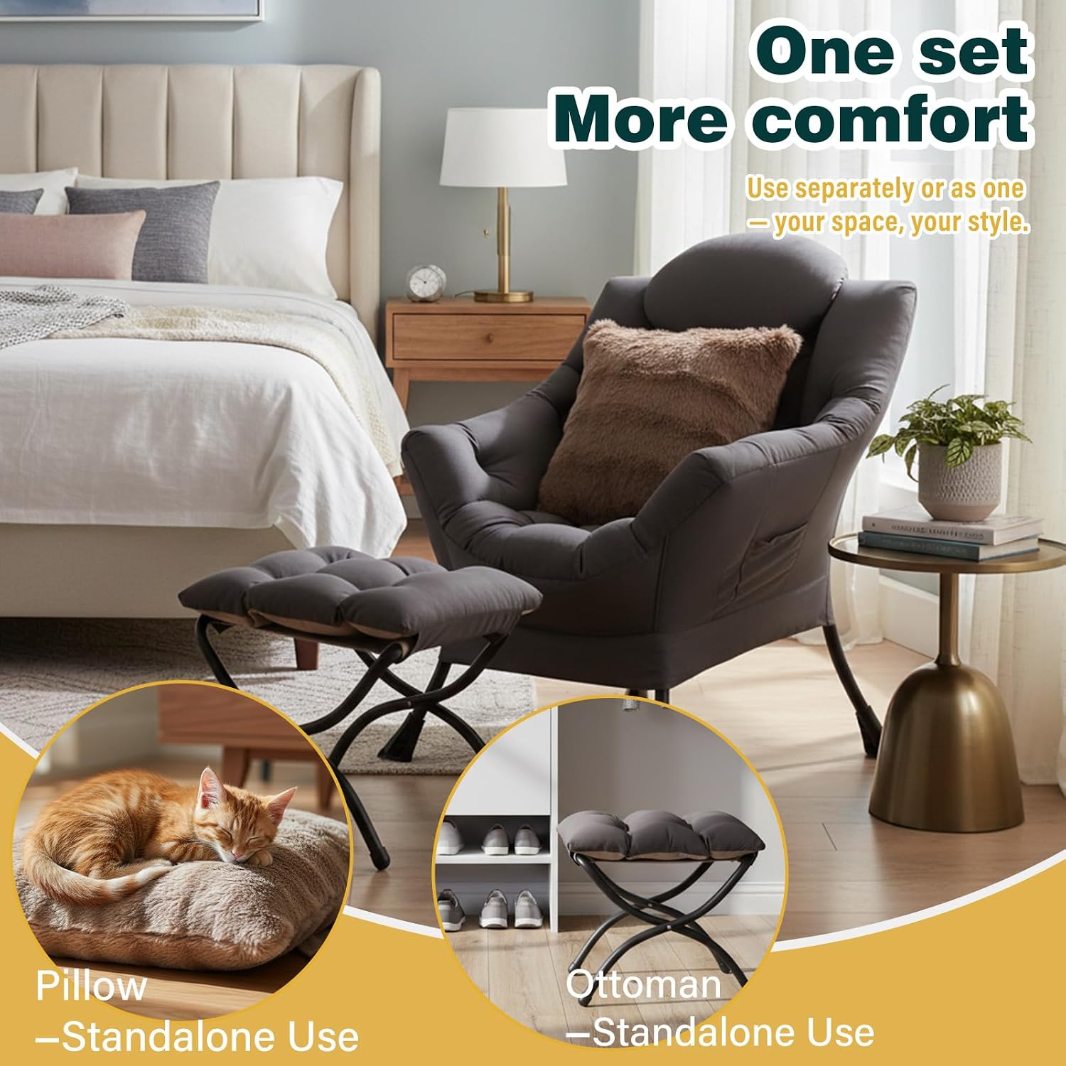 Lazy Chair with Ottoman, Large Accent Chair with Ottoman and a Throw Pillow, Shadow Grey Reading Chair for Living Room Bedroom Dorm Room Office Apartment Relaxing Use