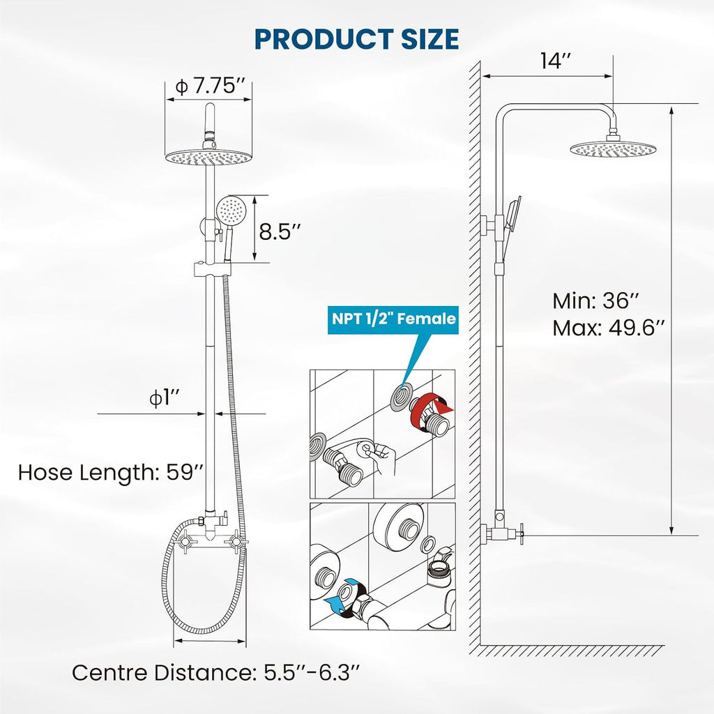 gotonovo SUS304 Outdoor Shower Fixture High Pressure Shower System Combo Wall Mount 2 Dual Function Shower Faucet Set Round Handheld Spray Matte Black Double Cross Handle