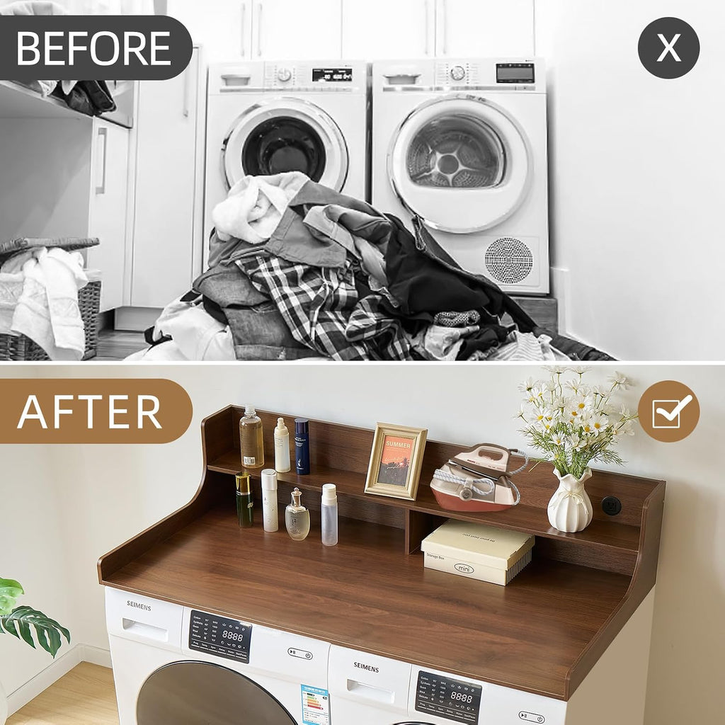 2-Tier Washer and Dryer Countertop 54' W x 27.5' D – laundry countertop over washer and dryer with Power Plug, washer countertop for Laundry Room Organization