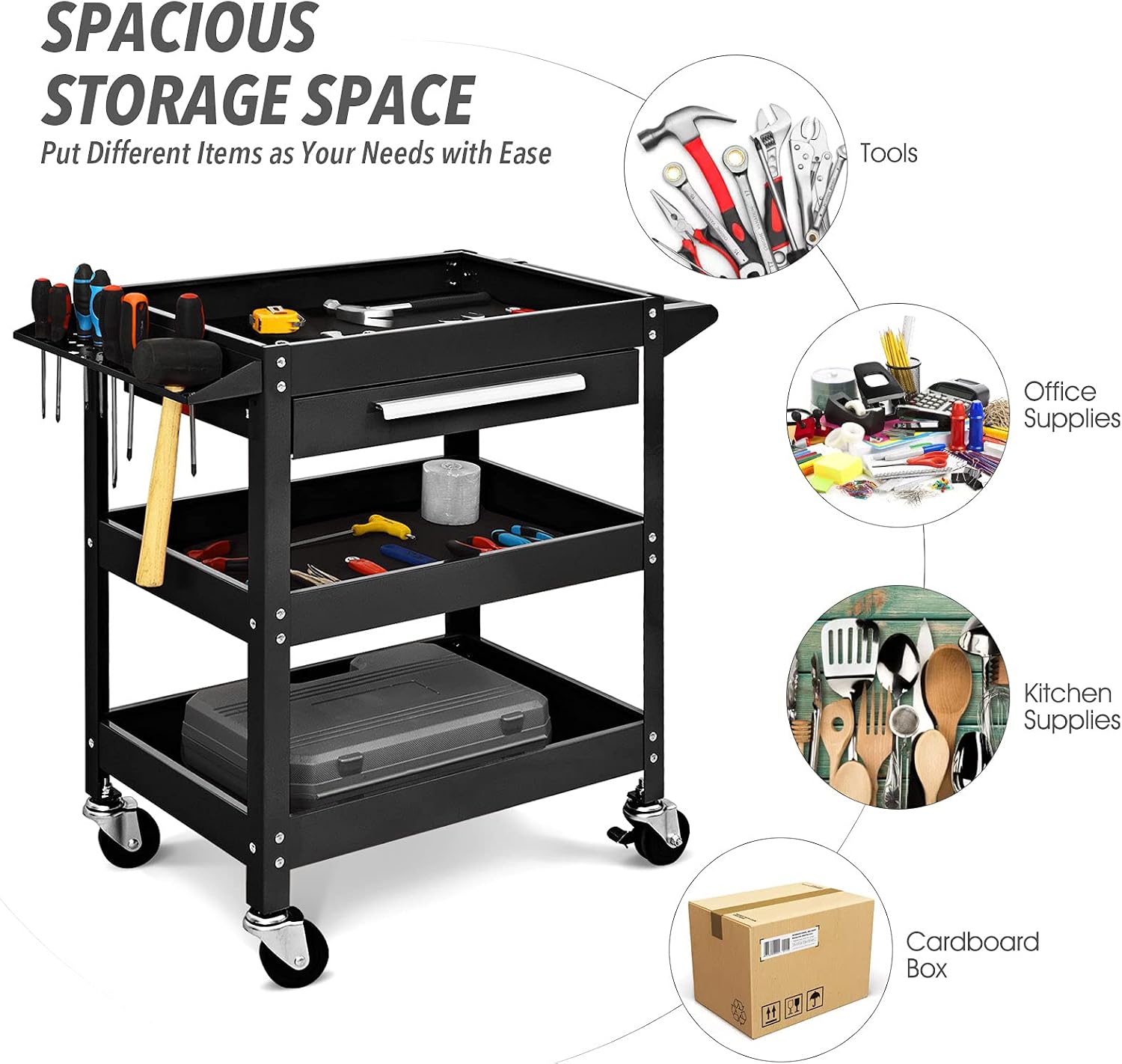 3 Tier Tool Cart on Wheels, Heavy Duty Industrial Utility Service Cart with Drawer, Rolling Mechanic Tool Box Organizer for Garage Warehouse Workshop Repair Shop, 330 LBS Capacity (Black)