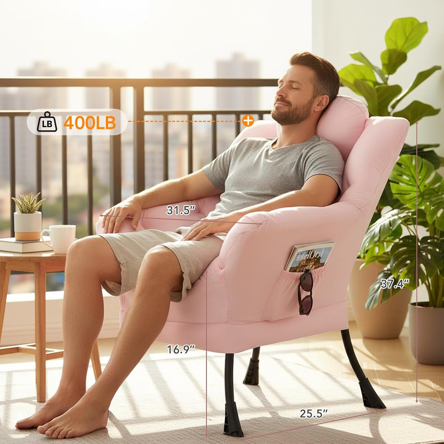 Lazy Chair for Living Room, Large Pink Accent Chair with a Throw Pillow, Leisure Sofa Chair Set, Comfy Reading Chair for Bedroom, Dorm Room, Office
