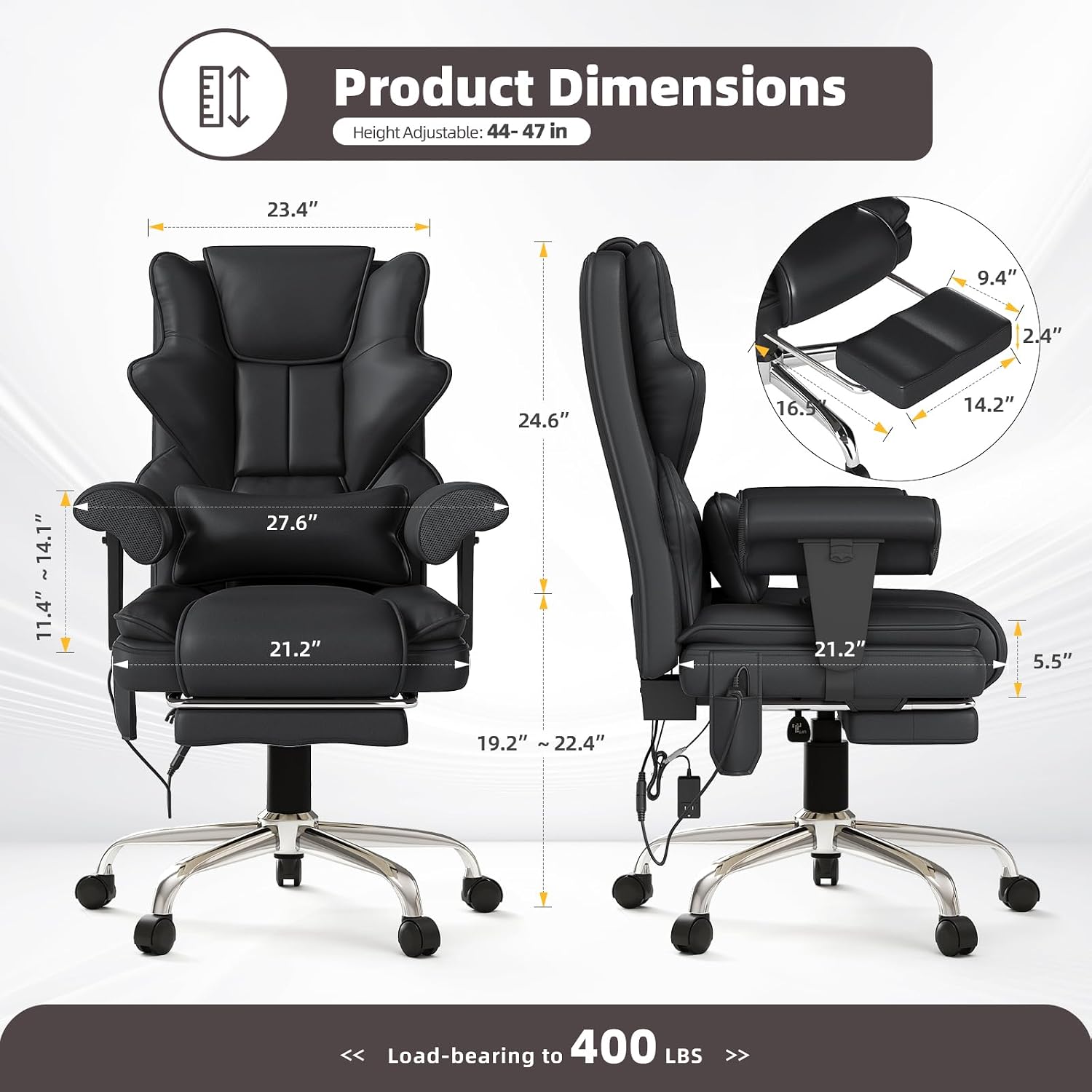 7-Point Massage Office Chair,Heated Manageral Chair,Ergonomic Executive Chair with Footrest,Adjustable Armrest，Computer Chair for Offices, Study Areas, Gaming Spaces,Black