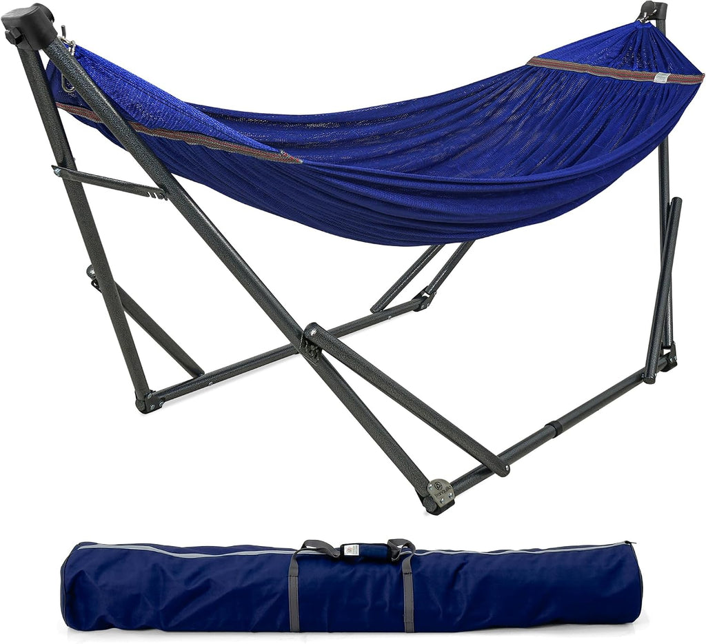 Tranquillo Camping Hammock and Stand, Collapsible Camping Hammock with Stand, 600 lbs Capacity Foldable Hammock for 2 Persons, Premium Noiseless No Screws Heavy Duty Multifunctional Stand, Blue