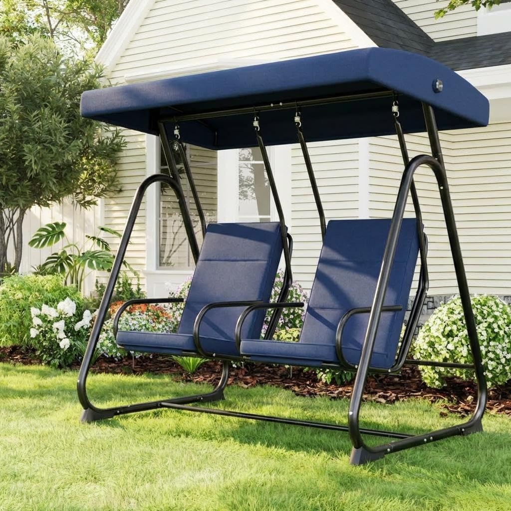 GarveeLife 2 Person Porch Swing Chair, Heavy Duty Outdoor Patio Swing Glider with Adjustable Canopy & Removable Cushions, Independent Swing Chairs for Garden, Balcony, Poolside, Backyard, Dark Blue