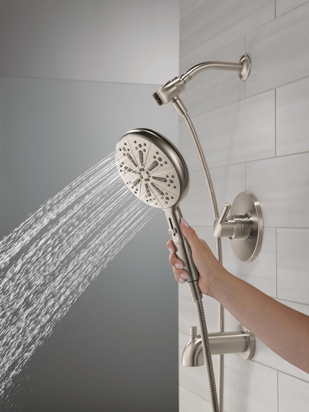 Delta Nicoli 14 Series Brushed Nickel Bathtub Shower Faucet Set with Handheld Shower Head, Valve Trim Kit, Stainless 144749-SS-HS (Valve Included)