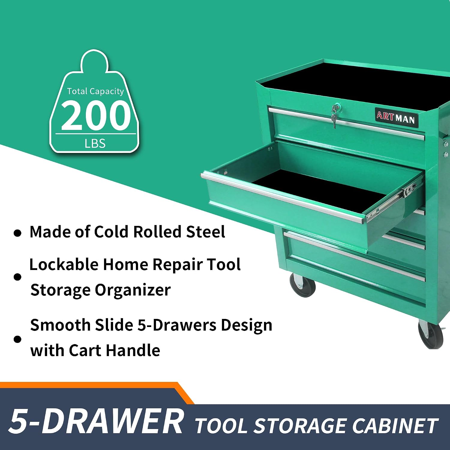 Larmliss 5 Drawers Rolling Tool Box，Tool Chest on Wheels, Lockable Tool Storage Cabinet Organizer Cabinet for Garage, Warehouse, Repair Shop, Workshop