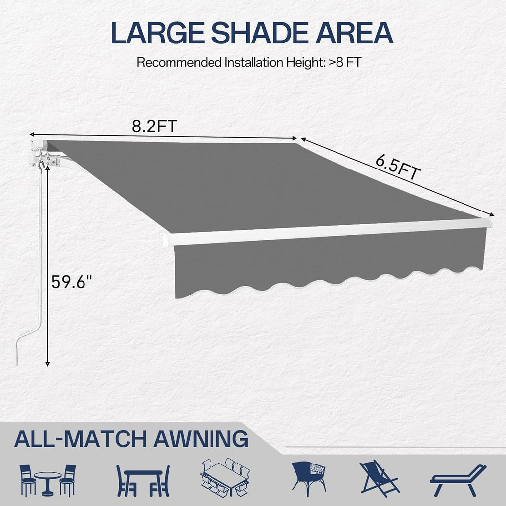 VINGLI 8' x 7' Retractable Awning for Patio Awning Door Awning with Manual Crank Handle, Aluminum Frame Door Canopy UV Resistant (Gray)