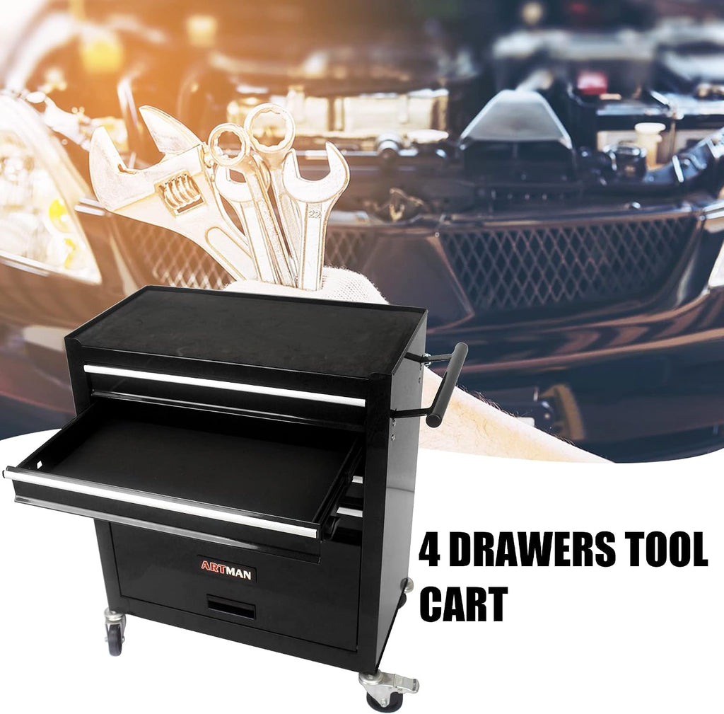 4-Drawer Tool Cart on Wheels, Drawers Rolling Tool Chest with 1 Cabinet, Mobile Trolley Organizer Tools Box with Locking Wheels & Ball Bearing Drawers for Garage,Warehouse,Repair Shop (Black)