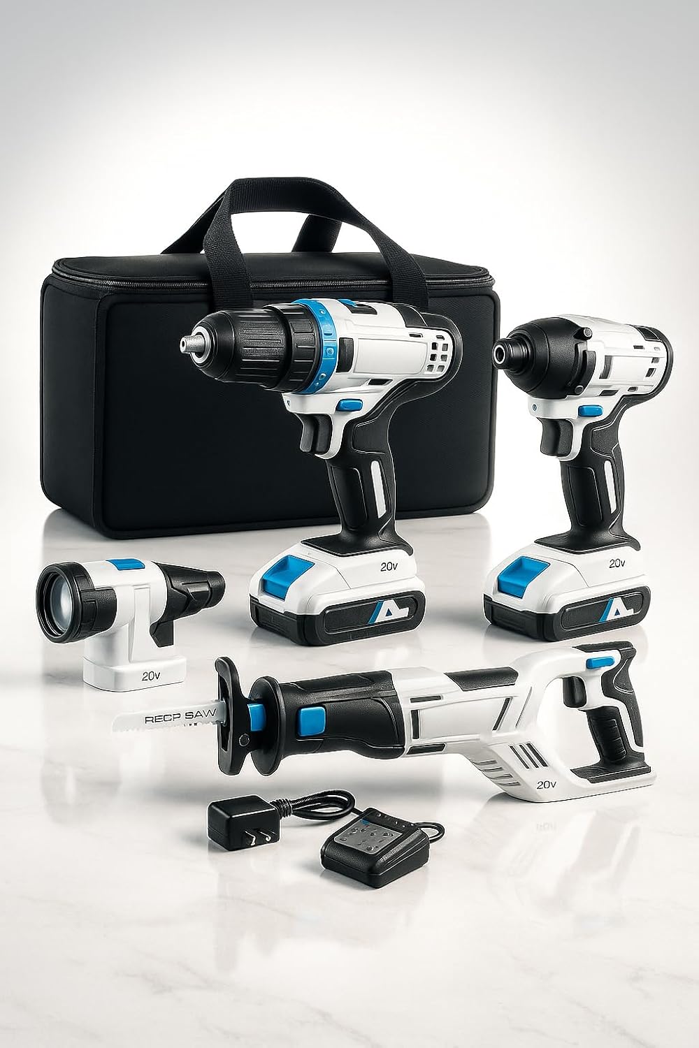 20V Cordless 4-Tool Power Kit with Drill/Driver, Impact Driver, Reciprocating Saw & LED Work Light - Includes Two 1.5Ah Lith-Ion Batteries, Fast Charger & Carry Bag – Compatible with HART 20V Platform