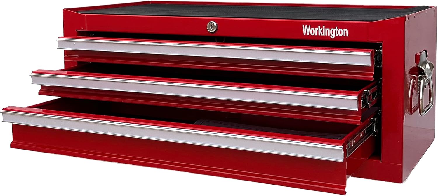 Workington Industrial 3 Drawers Portable Metal Intermediate Box, 26' Middle Tool Chest Cabinet with Ball Bearing Drawer Slides, Steel Tool Storage Box Organizer 4009 Red