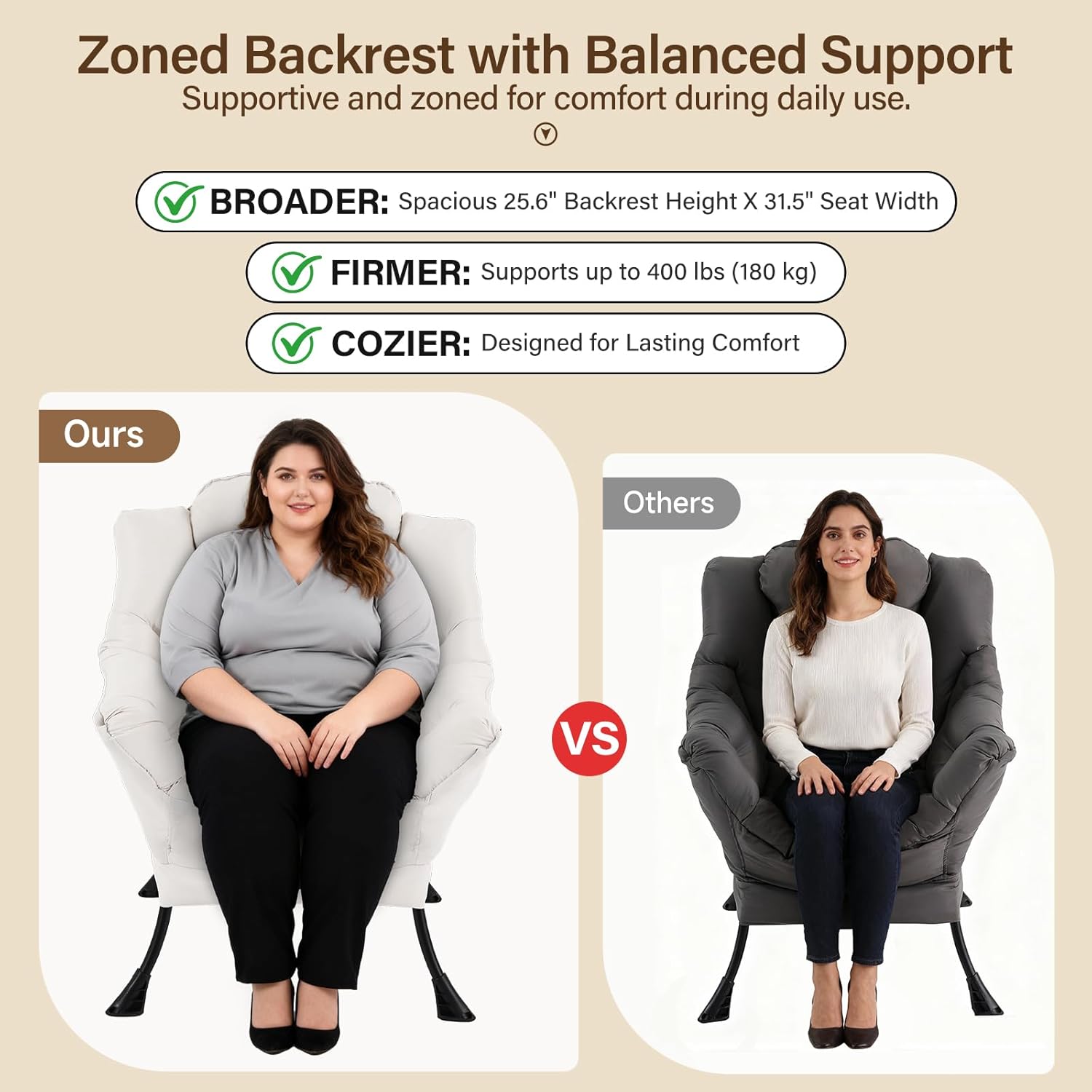 Lazy Chair with Ottoman, Modern Accent Chair with Lumbar Pillow, Beige Sofa, Armchairs with Folding Footrest, Oversized Supportive Chairs for Bedroom, Reading