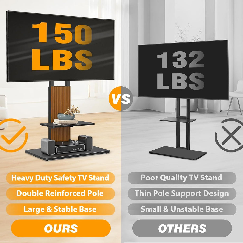 TVON Heavy Duty Floor TV Stand for 55-90 inch Large TVs up to 150 lbs, Tall TV Stand with Height Adjustable Mount, Universal TV Mount Stand with Large Storage Shelf and Wooden Base, Black and Walnut