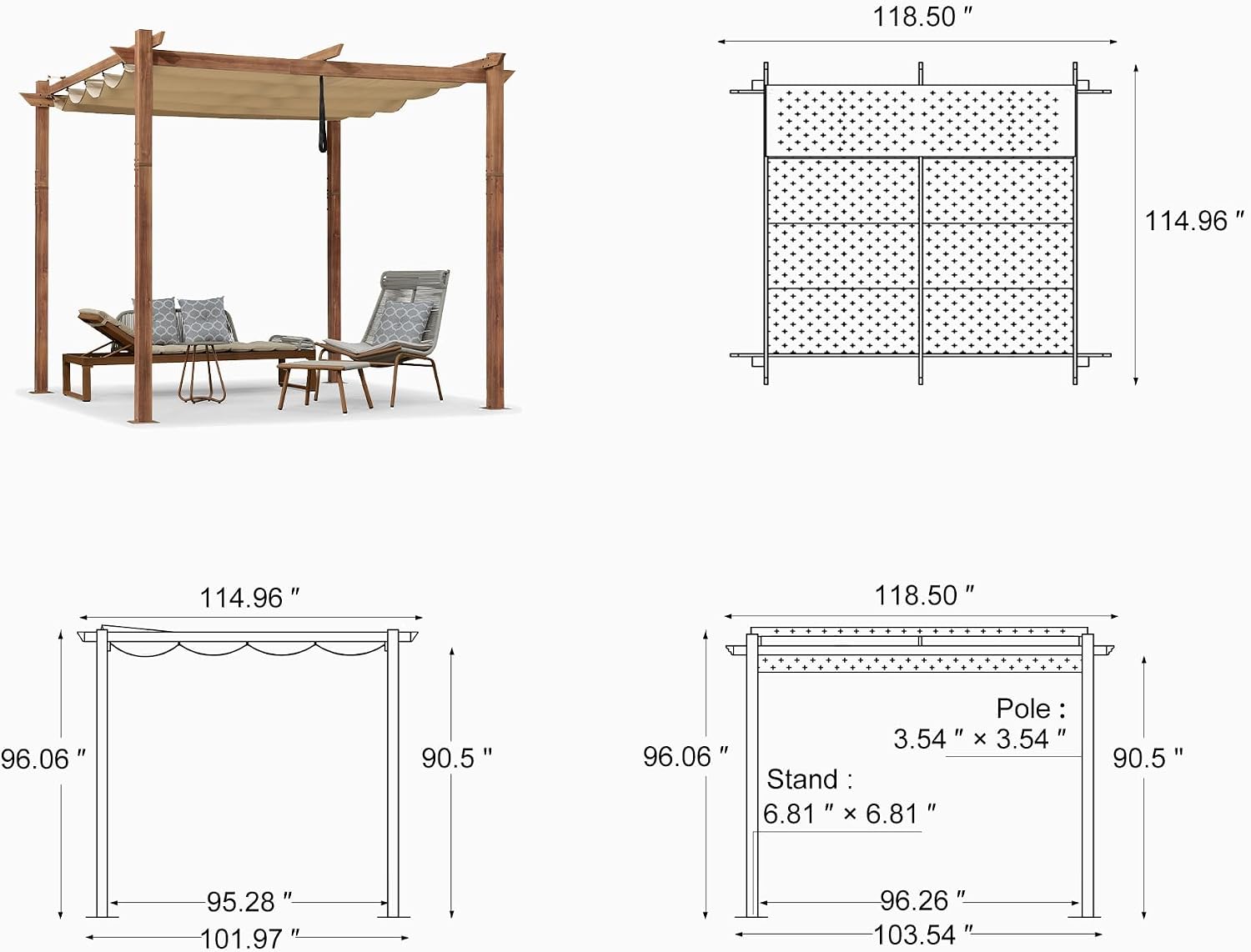PURPLE LEAF 10' x 10' Outdoor Retractable Pergola with Sun Shade Canopy Patio Metal Shelter for Garden Porch Beach Pavilion Natural Wood Grain Frame Gazebo Modern Yard Grill Pergola Khaki