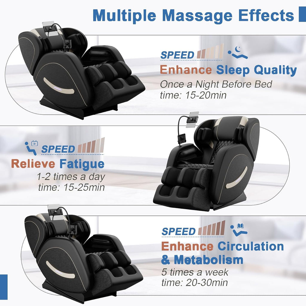 Zero Gravity Massage Chair Recliner with 8 Roller Heads, Full Body Air Pressure System, Heated Waist and Legs, Foot Roller Therapy, Bluetooth Audio, Automatic Programs for Home Office, Black