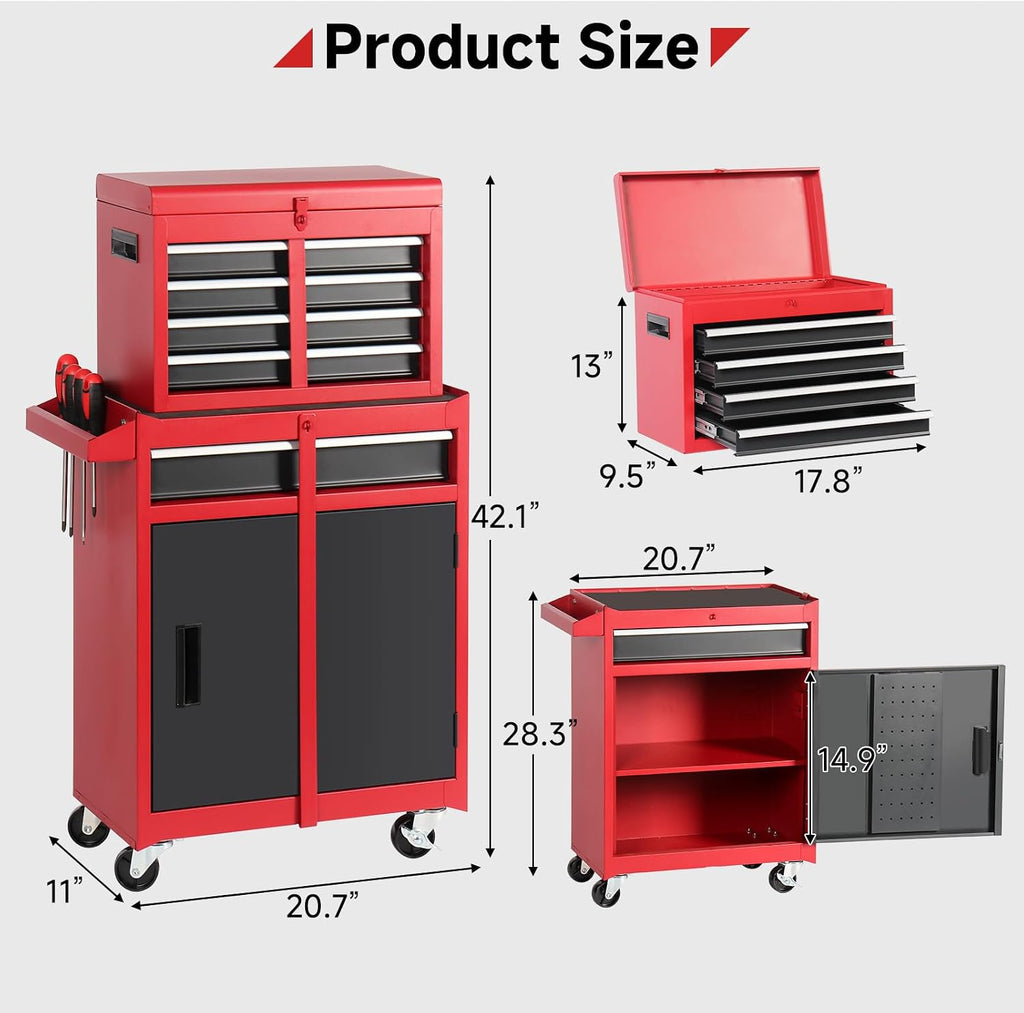 Rovibek Tool Chest, 5-Drawer Metal Tool Box with Wheels, Rolling Tool Chest with Foam Packaging, Lockable Wheels, Detachable Top Tool Box, Tool Storage Cabinet for Garage Workshop Warehouse, Pure Red