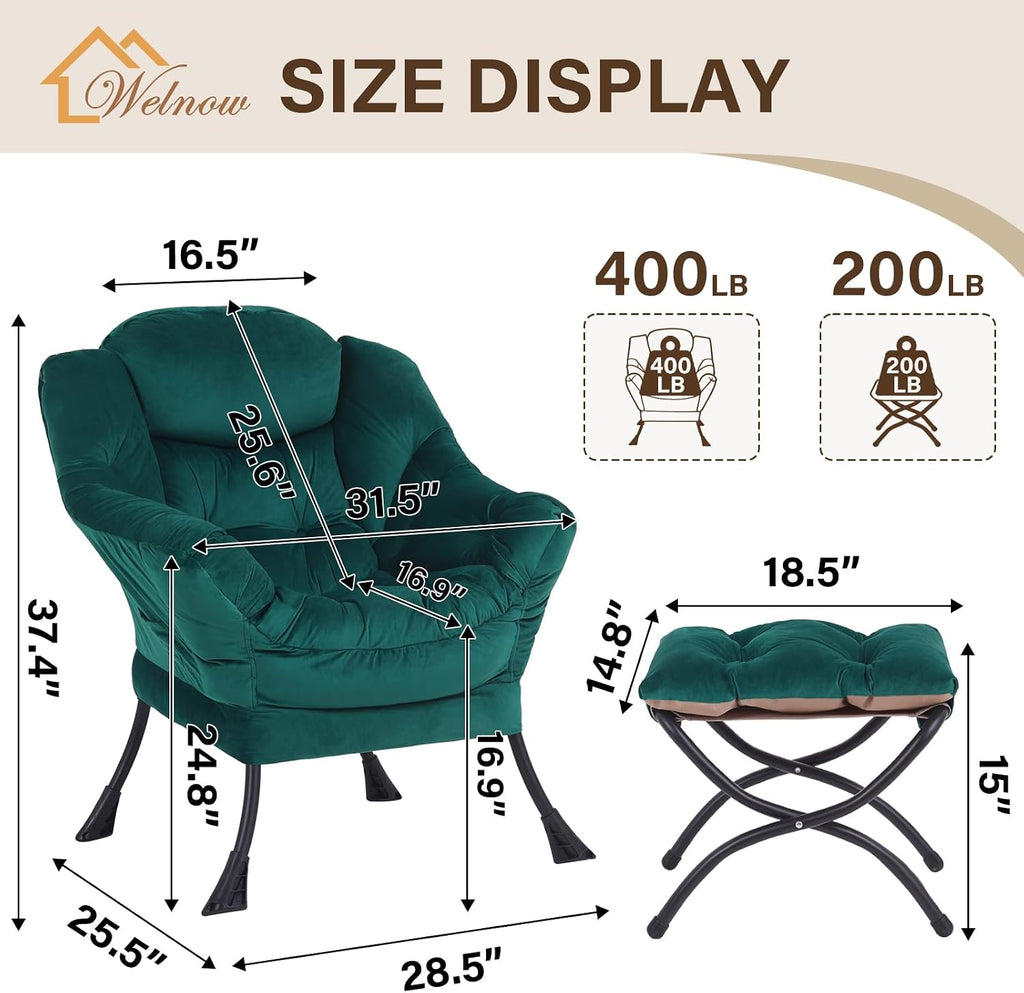 Welnow Lazy Chair with Ottoman, Modern Accent Chair with Armrests and a Side Pocket, Leisure Sofa Armchair, Reading Armchair with Footrest for Small Space, Dark Green